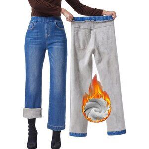 Women's Fleece Lined Jeans High Waisted Wide Leg Casual Warm Winter Pant